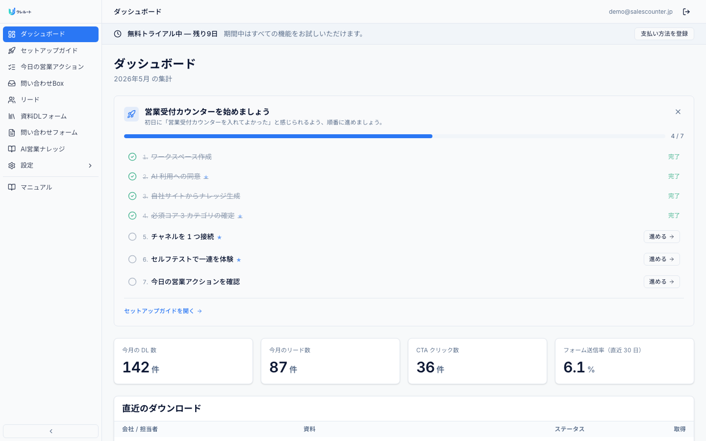 営業受付カウンターの管理画面