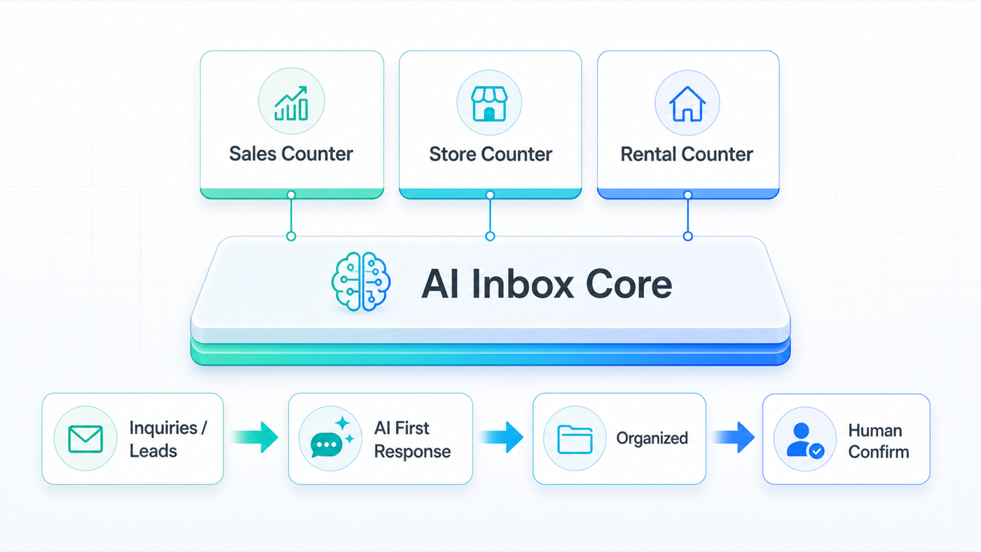 AI Inbox Core を共通基盤に、営業受付・ストア・賃貸反響カウンターが乗る構造と、問い合わせ → AI が整理 → 人が確定 のフロー